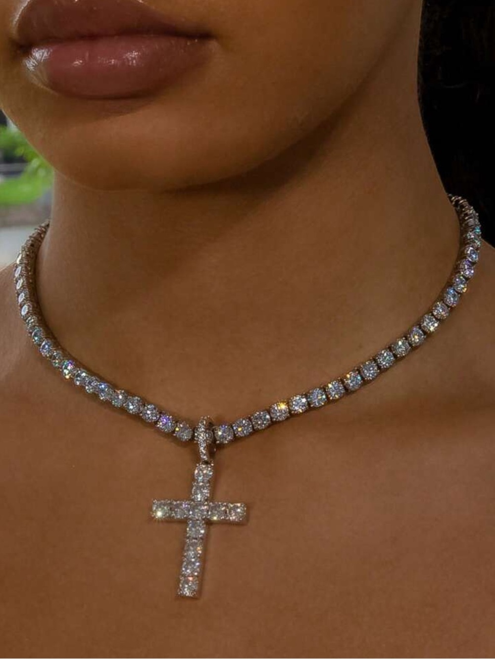 Crystal Tennis Necklace with Cross Pendant - Silver Tone